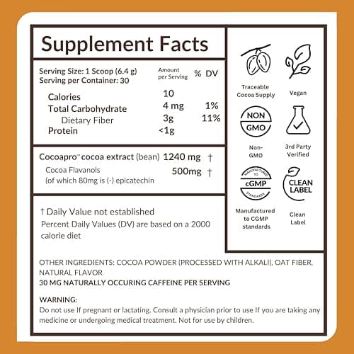 CocoaVia Cardio Health Cocoa Powder, 30 Servings, 500mg Cocoa Flavanols, Support Heart Health, Boost Nitric Oxide, Improve Circulation, Energy, Preworkout, Vegan, Dark Chocolate Cacao - 6.8 Ounce (Pack of 1) thumbnail 10