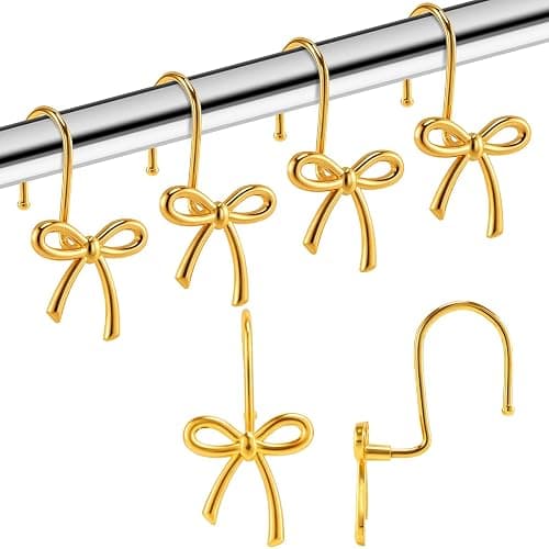 YanKiTour Gold Bow Shower Curtain Hooks, 12 Pack Metal Decorative Rings, Rust Proof Bow Knot Design for Bathroom Bedroom Living Room Baby Room Nursery Art Decor (Gold 5) - Image 1