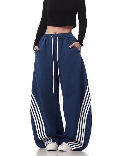 EMMIOL Women’s Y2K Baggy Barrel Striped Sweatpants, High Waisted Wide Leg Pants, Joggers with Drawstring Waist and Cuffs - Image 1