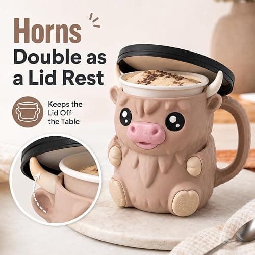 Highland Cow Ice Cream Pint Holder with 2 Spoons, 16 oz, Light Brown | Fits 16 oz ice cream pints with a built-in lid rest, topping drawer, and 2 spoons thumbnail 3