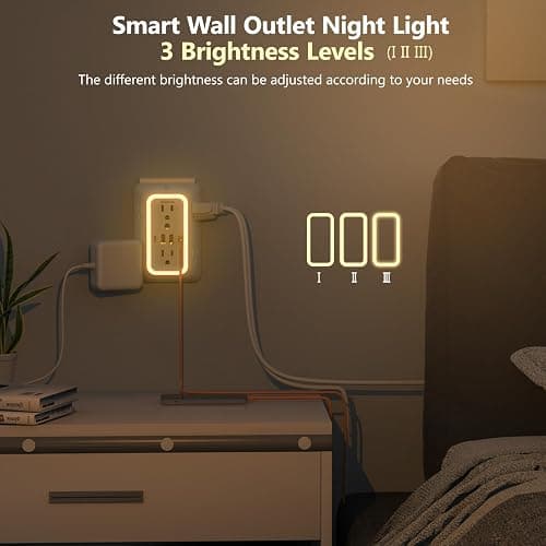 Wall Outlet Extender with Night Light, Power Plug Adapter 6 Outlet Extender with 4 USB Charging Ports 1050J Power Strip Multi Plug Adapter Spaced for Home Travel Office (2U2C)-ETL thumbnail 4