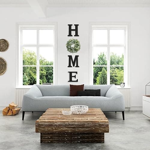 Wood Home Sign with Artificial Eucalyptus Wreath for O, Hanging Farmhouse Wall House Decor Wood Letters for Wall Art Rustic Home Decor, Wall Decor for Living Room Kitchen Entryway (Black) - Black - 9.8L" x 9.3W" thumbnail 2