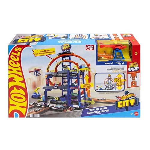 Hot Wheels Toy Car Track Set with Die-Cast Car & Helicopter, 2 Loops, Storage for 36 1:64 Scale Vehicles, Speed Snap Adapters, Mega Loop Garage thumbnail 6