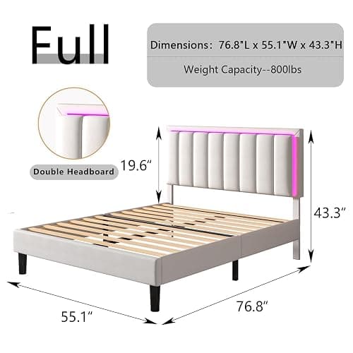 IMMERSTABLE Full Bed Frame with Headboard, RGB LED Bed, White | App-Controlled RGB Lights, Faux Leather Headboard, Wood Slat Support, No Box Spring Needed, Quiet Design, Easy Assembly thumbnail 2