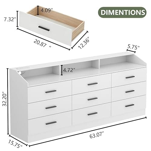 9 Drawers Dresser for Bedroom with Power Outlet,Modern Dresser w/ LED Light | Chest of Drawers, Dressers with Open Storage Cubby, Triple Wide Dressers Organizer for Living Room thumbnail 2