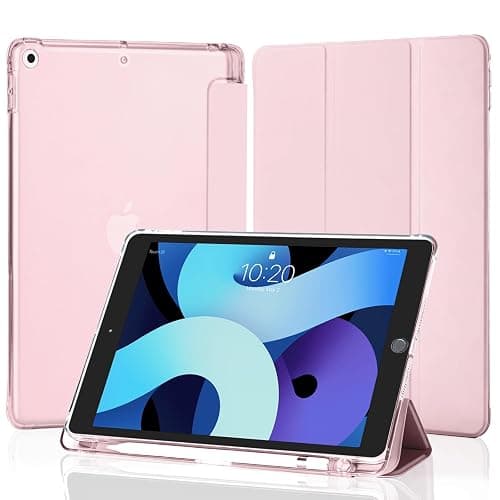 4UBonLife Case for iPad 9th/8th/7th Generation 10.2 inch 2021/2020/2019 with Pencil Holder, Slim Stand Protective Case with Translucent Frosted Hard Back Cover Shell, Pink - Image 1