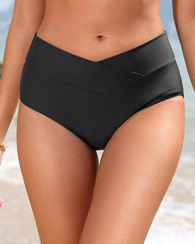 Women V Cut Full Coverage Bikini Bottom - High Waist Swim Bathing Suit Bottoms Cross V Front Swimsuit - Black - Medium thumbnail 5