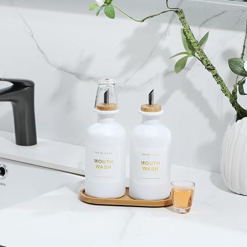 BONLONG 11.8OZ Mouthwash Dispenser for Bathroom with Bamboo & Stainless Steel Pour Spout, Mouthwash Cups Reusable, Bamboo Tray, and Elegant Gold Label. Set of 2（White thumbnail 7