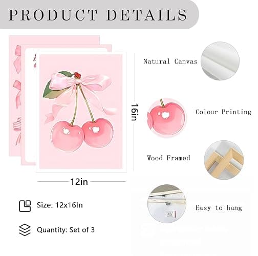 Coquette Pink Bow Canvas Wall Art Set of 3, Cherry Bow Posters Prints for Bedroom, Dorm, Bathroom Decor Painting Preppy Aesthetic Girls Room Decor Artwork for Women Teens Tween 12x16 Inch Framed thumbnail 4