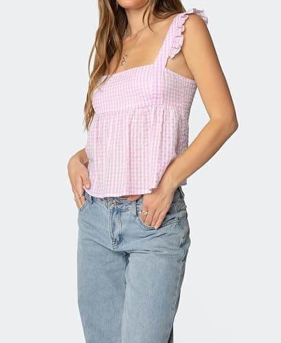 Women Teens Y2k Babydoll Tank Top Lace Trim V Neck Ruffle Flowy Crop Cami Top Summer Preppy Clothes Streetwear thumbnail 2