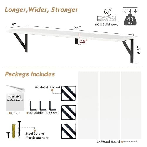 Forbena White Floating Book Shelves for Wall, 36 Inches Long Wall Shelves with Metal Brackets for Bedroom, Large Floating Bookshelf Bookshelves for Living Room Office Classroom (White Wood) thumbnail 7