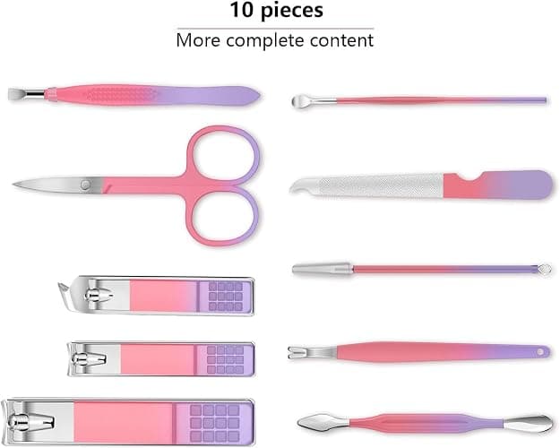 Manicure Set 10pcs Professional Nail Clippers Kit Pedicure Care Tools-Stainless Steel Grooming Tools for Travel (Pink Purple) thumbnail 2