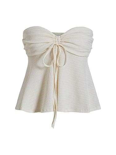 Milumia Women Tie Front Ruched Tube Top Strapless Flared Hem Peplum Bandeau Tops - Small - Beige