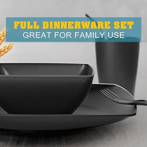 Teivio 56-piece With Flatware Kitchen Plastic Wheat Straw Square Dinnerware Set for 8, Unbreakable Dinner Plates, Snack Bowls, Tumblers 13.5 oz, Dishwasher Safe, Black thumbnail 8