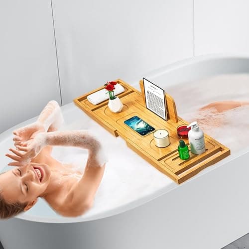 Bathtub Tray Caddy - Bath Tray - Bath Tub Tray Caddy - Bamboo Bath Table Tray for Tub - Expandable Size, Fits Most Tubs thumbnail 6
