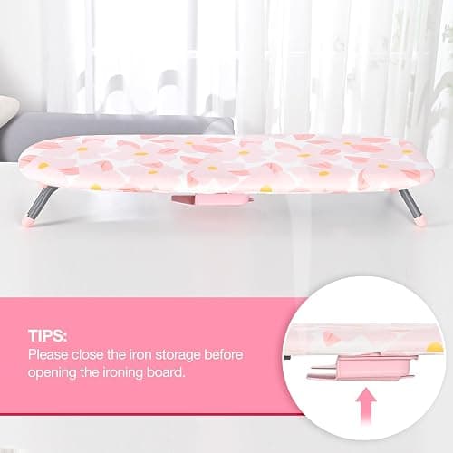 APEXCHASER Small Ironing Board with Iron Holder, Compact Ironing Board with Non-Slip Feet, Portable Tabletop Ironing Board with Cotton Cover for Small Spaces and Travel, Pink, P1232D5-16Pink - Pink - With Holder thumbnail 5
