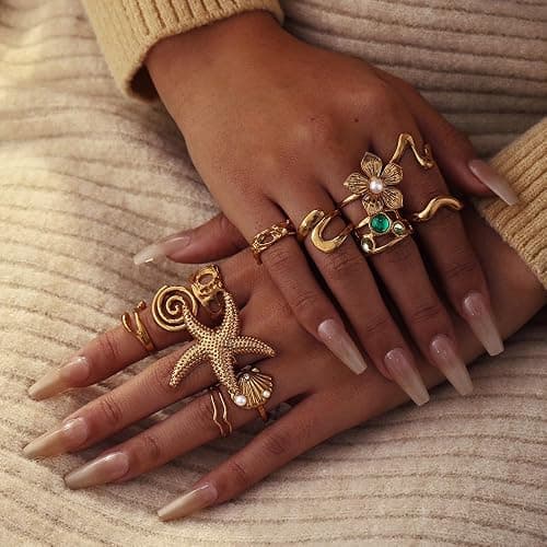 UYY Chunky Gold Rings for Women Non Tarnish, Baroque Pearl Flower Tiger's Eye Stone Rings Adjustable Stacking Statement Rings Set Fashion Jewelry Gifts thumbnail 2
