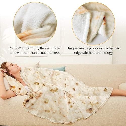 Burrito Tortilla Throw Blanket, 2.0 Double Sided Burritos Taco Tortilla Wrap Blankets,Giant Funny Realistic Flannel Food Round Blankets,Funny Gifts for Kids Newborn Toddler Dog Cat Baby Shower 47in - Yellow - 47in thumbnail 3