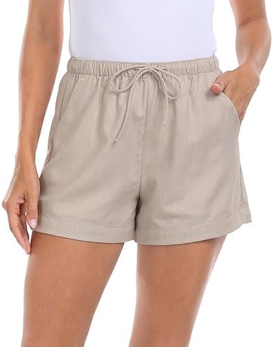 HDE Women's Linen Blend Drawstring Shorts High Waisted 4" Inseam Summer Shorts - Small - Gray Beige - Image 1