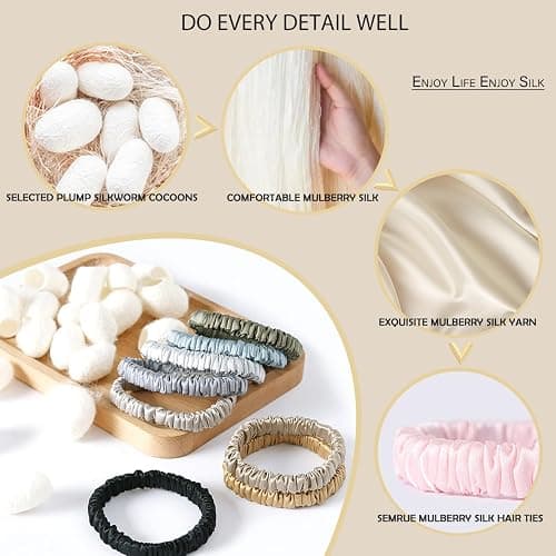 SEMRUE 22 Momme 100% Pure Mulberry Silk Scrunchies (4 PCS) - Small Hair Elastics and Ties for Women, Sleep Hair Care, No Damage, Black thumbnail 6