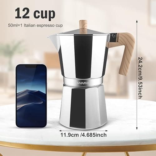 Sivaphe Aluminum Moka Pot 12 Espresso Cups, Percolator Espresso and Coffee Maker, Portable Stovetop Italian and Cuban Café Brewer for Home and Camping Sliver thumbnail 3