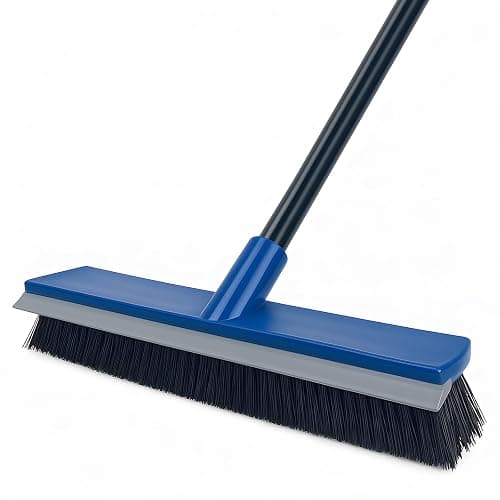 16 Inch Push Broom Outdoor 2 in 1 with Rubber Squeegee and Stiff Bristle Deck Brush 58" Long Handle for Deck Patio Garage Warehouse Driveway Concrete Floor Cleaning Scrubbing(Blue) - Image 1