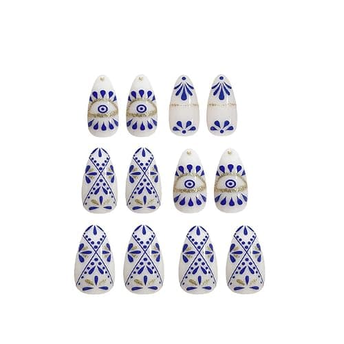 FJSMTOPl Boho Press on Nails Medium Almond Fake Nails Press ons with Designs Blue False Nails Glossy Full Cover Acrylic Glue on Nails Cute Artificial Stick on Nails for Women Manicure 24Pcs, style17 thumbnail 4