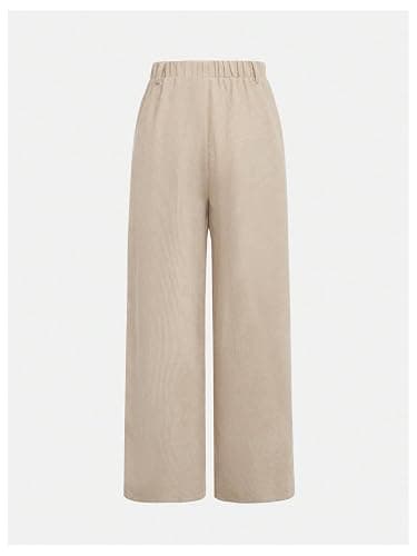 OYOANGLE Girl's Casual Wide Leg Loose Long Button Pants Elastic Waist Pleated Trousers with Pockets thumbnail 2