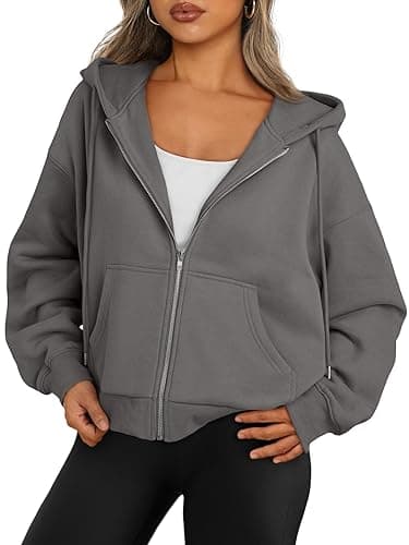 Trendy Queen Zip Up Hoodies For Women Cropped Sweatshirts Fall Fashion Outfits 2025 Y2k Fleece Teen Girls Clothes - Dark Grey - Medium