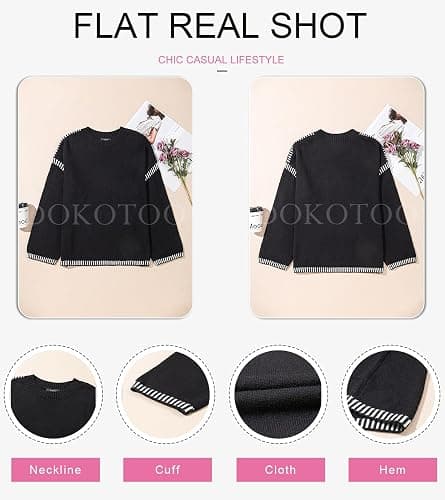 Dokotoo Sweaters for Women Fashion Solid Crewneck Loose Fit Long Sleeve Contrast Cable Knit Pullover Sweater Jumper Tops thumbnail 4