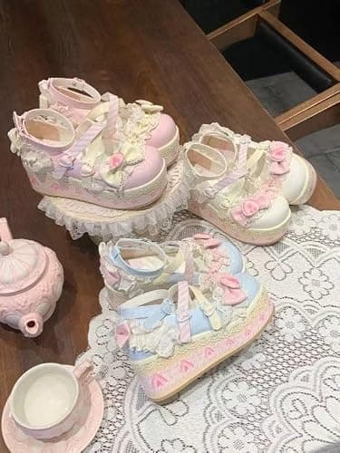 ZQW Women's Kawaii Cute Bow Strawberry Cake Lace Chunky Mary Jane Heels Round Toe Lolita Y2K Aesthetic Platform Wedge Shoes thumbnail 5