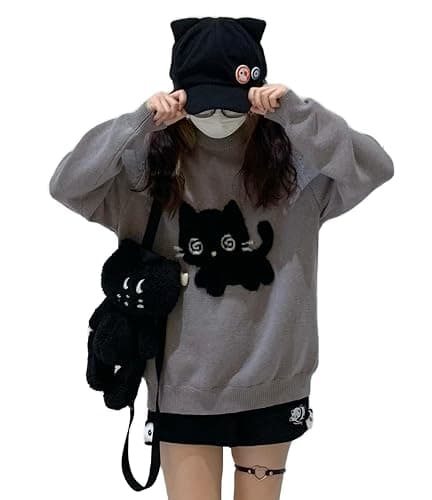 Y2K Kawaii Knit Cute Cat Print Casual Long Sleeve Crew Neck Oversize Pullovers Sweaters for Women - Image 1