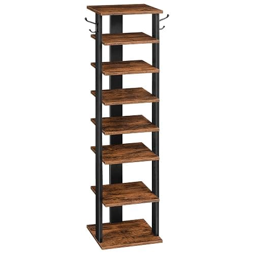 HOOBRO 8 Tiers Vertical Shoe Rack, Wooden Shoe Storage Organizer with Hooks, Narrow Shoe Tower for 8 Pairs, Space Saving, for Entryway, Living Room, Bedroom, Rustic Brown BF07XJ01G1 - Image 1