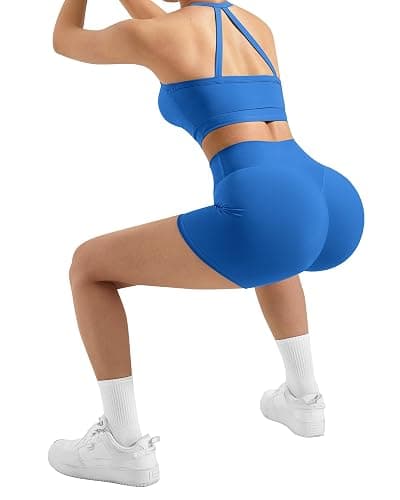 SUUKSESS Women 2 Piece Workout Sets High Waisted Tummy Control Biker Shorts Halter Padded Tank Tops - Sapphire - X-Small thumbnail 3