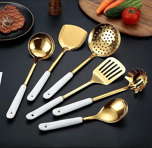 AQUAX Stainless Steel kitchenware seven Pieces Set (White Gold).Cooking Utensils 7 pcs Set with hanging shelf .Include Slotted Spoon, Slotted Spatula, Large Spoon, Soup Ladle, Spatula, Pasta spoon. thumbnail 4