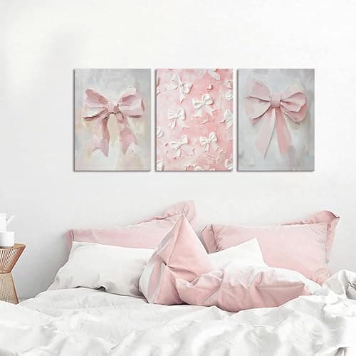 Pink Bow Canvas Wall Art Set of 3 Coquette Oil Painting Cute Bow Posters Wall Decor Trendy Preppy Print Picture for Back to School Bedroom Bathroom College Dorm 12x16 In Framed thumbnail 2