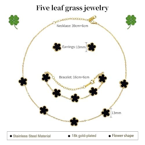 AmorArtSky Lucky Clover Jewelry Set - 18K Gold Plated Flower Design Five Leaf Bracelet, Necklace Pendant, Earrings for Women - Lucky Gifts for Mom, Wife, Daughter, Friends thumbnail 2