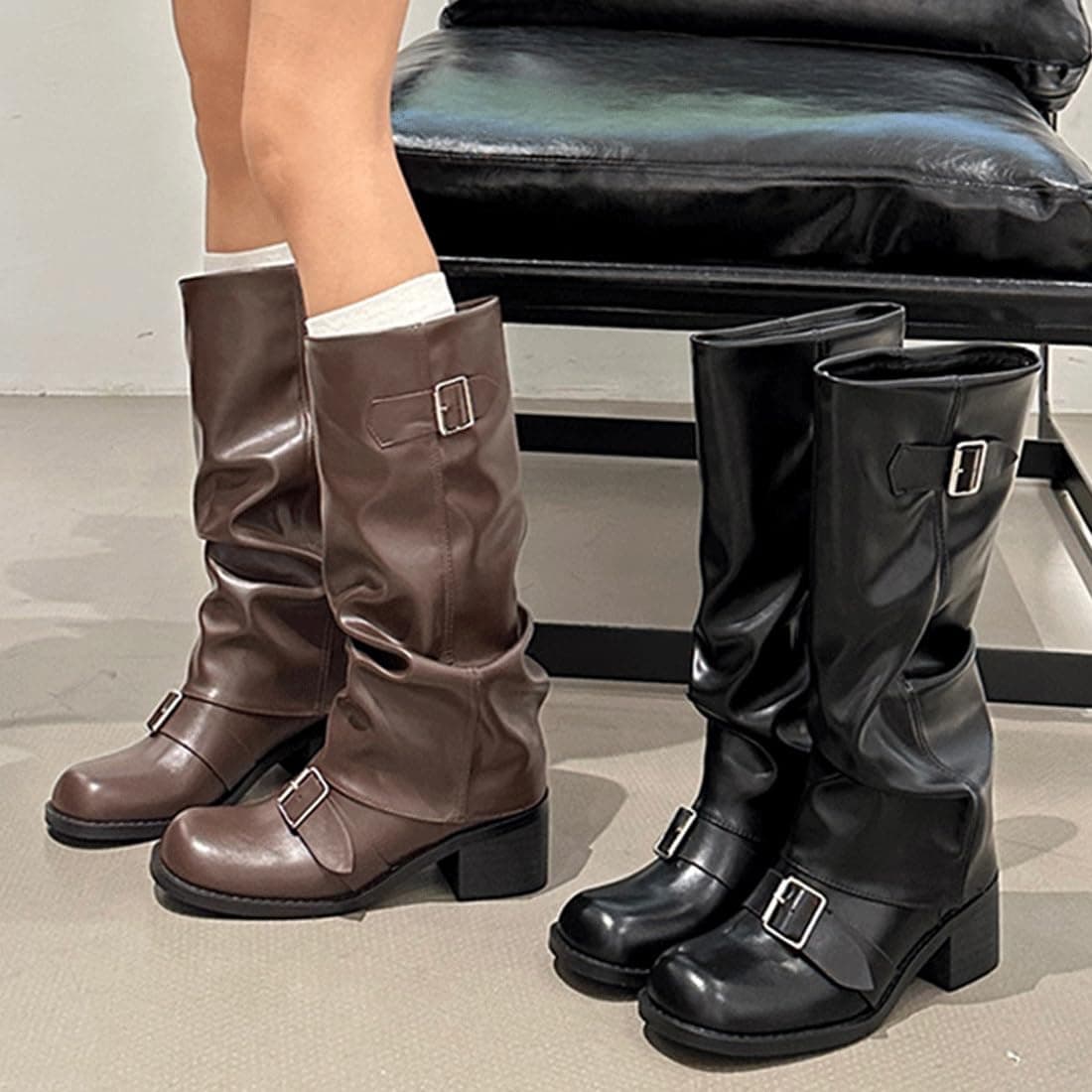 Women's Slouchy Knee High Boots,Round Toe Length Boot,Female All-Match Trendy Shoes,Winter Fall Chunky Metallic Buckle Boot thumbnail 2