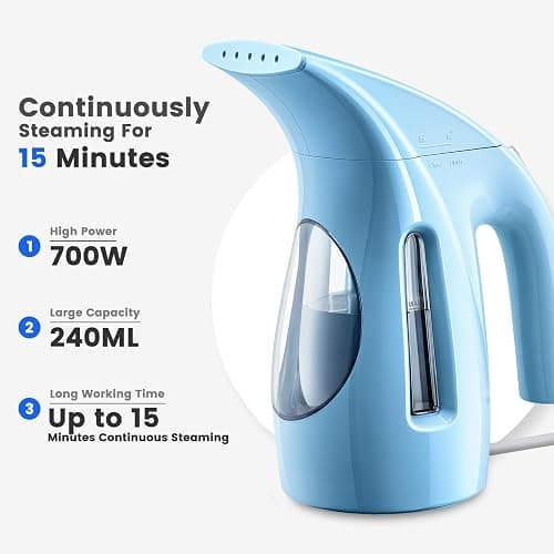 HiLIFE Steamer for Clothes, Portable Handheld Design, 240ml Big Capacity, 700W, Strong Penetrating Steam, Removes Wrinkle, for Home, Office(ONLY FOR 120V) (Sky Blue) thumbnail 3