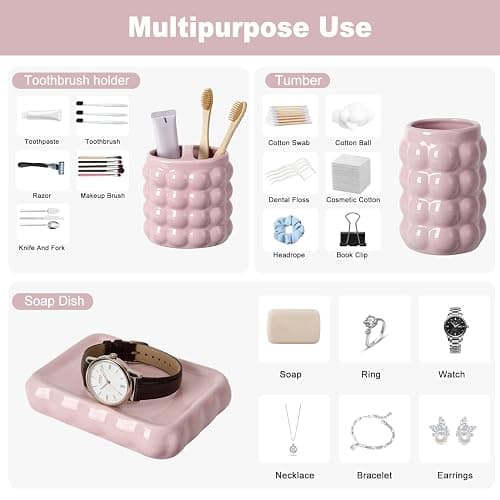 4 Piece Ceramic Bathroom Accessories Set –Soap Dispenser,Toothbrush Holder,Tumbler & Soap Dish,Includes Silicone Funnel,Non-Slip,Modern Farmhouse Countertop Organizer Set for Bathroom Decor, Pink thumbnail 5