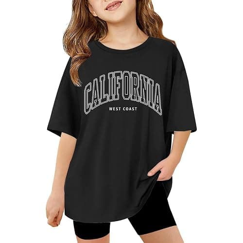 California T Shirts for Girls Letter Print Graphic Tees Oversized Casual Loose Drop Shoulder Short Sleeve Basic Summer Tops - Image 1