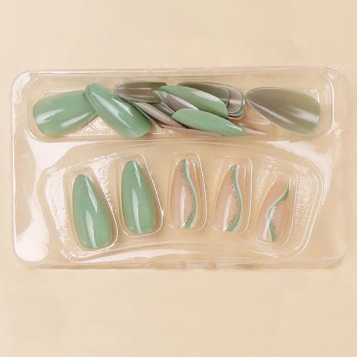 MERVF Almond Press on Nails Medium Fake Nails Light Green Glue on Nails Glitter Swirls Lines Design Press ons Sparkle Solid Color Stiletto Acrylic False Nails Glossy 24pcs thumbnail 2