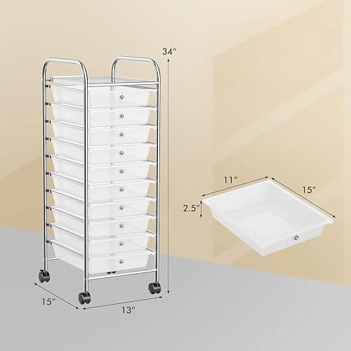 LDAILY 10 Drawer Rolling Storage Cart, Craft Organizer on Wheels, Drawer Cart with Metal Frame & Large Storage Capacity, Rolling Cart with Drawers for Living Room Classroom, Office thumbnail 3