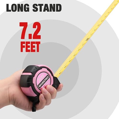 WORKPRO 25FT Pink Tape Measure, 1/8 Fractions Easy Read Measuring Tape, Retractable Nylon Coating Measurement Tape Accuracy 1/32, Magnetic Hook, Belt Clip, Rubber Protective Casing - Pink Ribbon thumbnail 5