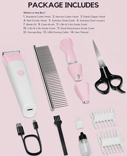 4 in 1 Rechargeable Dog Clippers Grooming Kit with 2 Speeds and Low Noise | Quiet Cordless Dog Hair Trimmer for Paw Nail Grinder, Cat Grooming Clippers for Trimming Hair on Paw Eye Ear Face (Pink) thumbnail 7