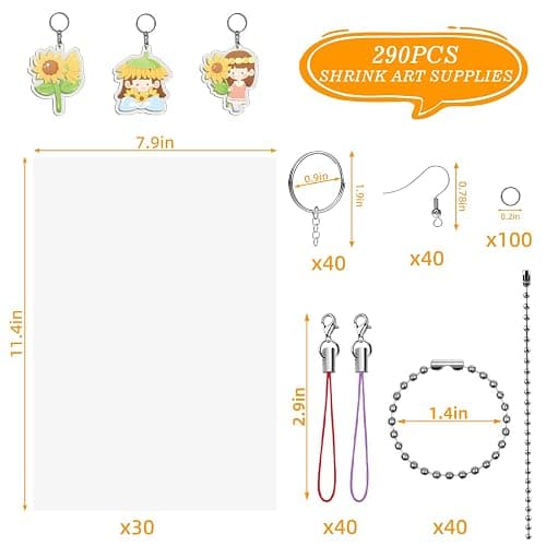 Natonhi 290 Pieces Heat Shrink Plastic Sheet Kit Include 30pcs A4 Shrinky Art Paper and 120 Keychains Accessories 20 Earring Hooks, Creative Craft Homemade Shrinky Dinks and Keychain thumbnail 2