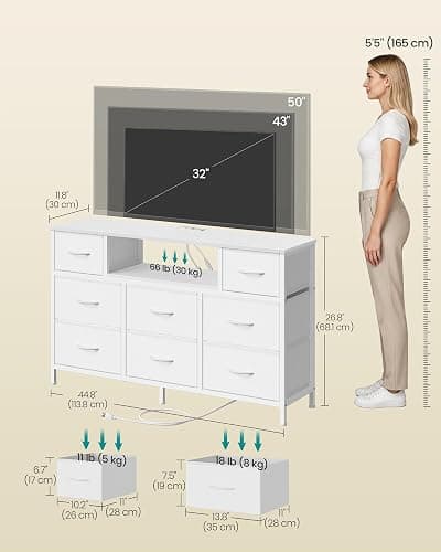 SONGMICS Dresser for Bedroom with Outlets & LED Lights, 8 Fabric Drawers | TV Stand for TVs Up to 55 Inches, Chest of Drawers with Steel Frame, Cloud White, BELLAH Collection ULGS433WH02S thumbnail 3
