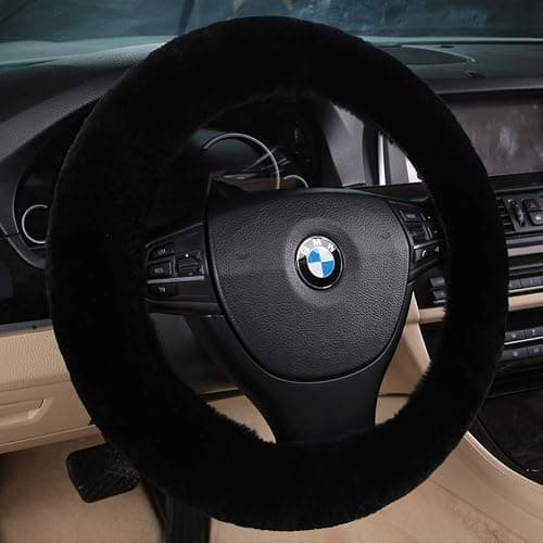 Fluffy Wool Sheepskin Fuzzy Black Car Steering Wheel Cover for Universal Auto Steering Wheel 14 1/2-15 1/2inch, Anti-Slip, Soft Plush, Comforting and Luxurious, Soft Texture (Black) thumbnail 2