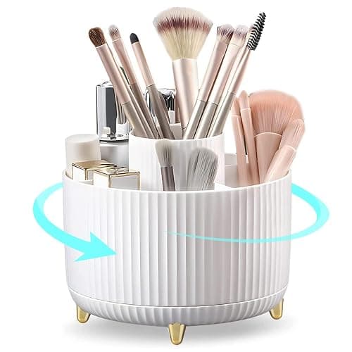 Bekeify 360° Rotating Makeup Organiser Makeup Brush Holder with 5 Compartments for Cosmetics Perfume Jewellery for Dressing Table Bedroom Bathroom Office White Stationery Storage thumbnail 3