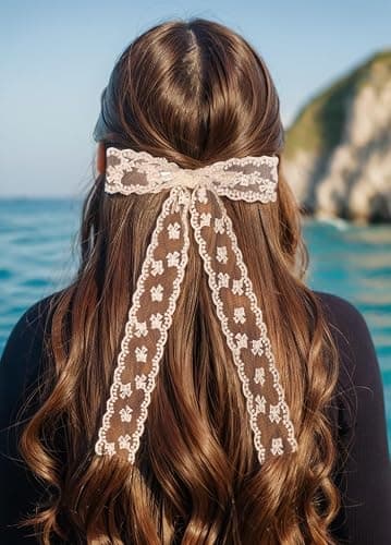 XFYUZR 4Pcs Large lace Hair Clips for Women Girls,Lace Tassel Bows Metal Clips with Long Tail Ribbons,Cute Hair Bows Barrette for Hair Accessories(Black,White) thumbnail 2